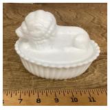 Milk glass lion candy dish