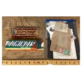 Dominoes and stamps and cards