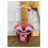 Hand painted Fenton cranberry opalescent basket