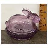 Amethyst glass bunny on a basket