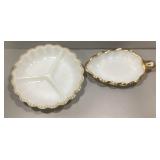 2 milk glass hostess dishes with gold trim