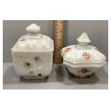 2 milk glass lidded dishes
