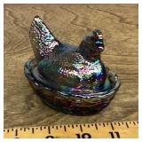 Carnival glass hen on a nest