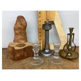 5 glass, wood, metal candlesticks