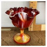 Imperial red and yellow slag glass compote