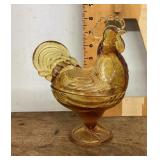 Amber glass rooster candy dish