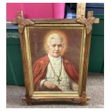 Print of Pope Pius X in antique criss-cross frame