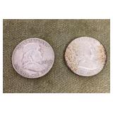 2 Franklin silver half dollars