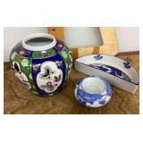 Asian ceramic vase, dish, and candle holder