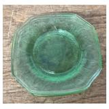 4 small green Depression glass plates