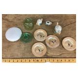 Child tea set pieces, green glass dome, lid, etc.