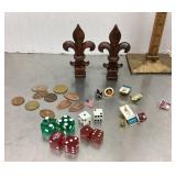 Stretched pennies, dice, pins, fence fleur de lis
