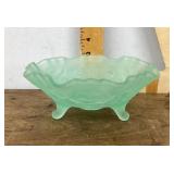 Green frosted glass 3-footed bowl