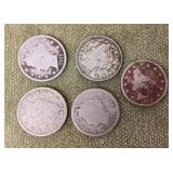 Five 1912-D "V" nickels