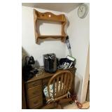 Wooden desk, chair, wall shelf, Keurig, etc.