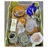 Flat w/glass biscuit jar, candy dish, pitcher,