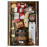 Flat w/keg, padlocks, spice tins, etc.