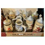 Flat of Budweiser & Miller beer steins
