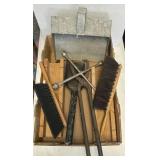 Flat w/vintage brushes, dustpan, coal shovel,