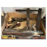 Antique plane, 2 metal planes, wood clamp