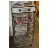 2-burner stove, wire cart w/drawers,  flatware