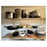 3 shelves of kitchenware, Fiesta bowls, plates