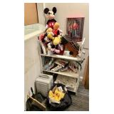 Cleanup corner lot w/shelf, stuffies, VHS,