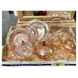 Large flat of pink Depression glass