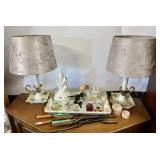 2 boudoir lamps, vanity tray & contents, hair