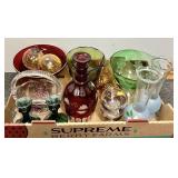 Flat of colored glass vases & bowls