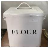 White enamelware flour canister