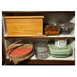 2 shelves w/wooden and wire boxes,