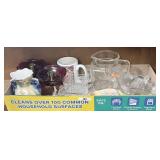 Flat of misc. with ruby candleholders, reamer,