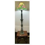 Small table & tall verdigris lamp w/glass shade