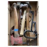 Flat of hammers, hatchets, 2 cast iron keys