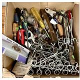 Large box of hand tools & pegboard hooks