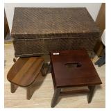 Woven storage box on legs, 2 wood footstools