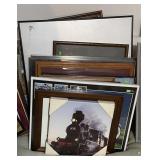Group of framed automotive/train prints