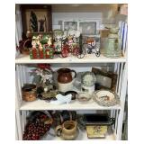 3 shelves of home dï¿½cor with milk glass shoe