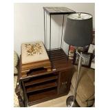 Needlepoint footstool, floor lamp, plant stand,
