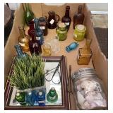 Flat w/colored glass bottles, shot glasses, etc.