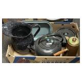 Box with graniteware & copper chocolate pot