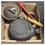 Cast iron teakettle and saucepan, ricer