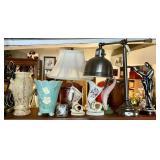 Contents of top shelf w/lamps, vases, statue