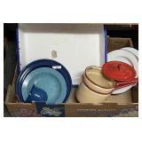 Large flat of enamelware