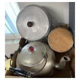 Flat with aluminum teakettle, crock canister,
