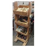 Wooden 4-tier bin rack with contents