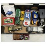 Flat of collectible vehicles: banks, ornaments