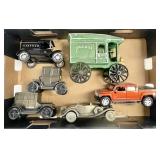 3 car banks, cast iron truck, 2 metal cars