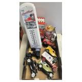 Metal advertising truck banks, thermometer,